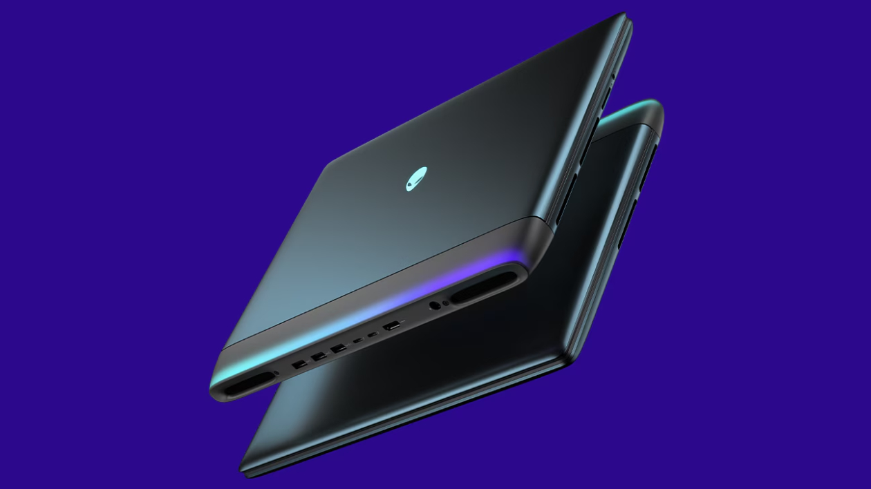 Vista isométrica do Dell Alienware Area-51 16 fechado destacando o design futurista na cor Liquid Teal com logo alien na tampa