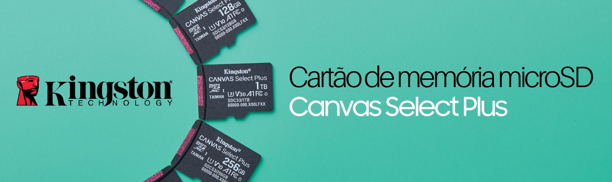 Banner promocional do cartão Kingston Canvas Select Plus com capacidades de 128GB, 256GB e 1TB sobre fundo turquesa
