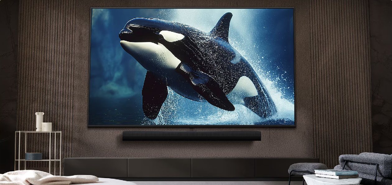 TV LG de 50 polegadas em ambiente de sala de estar mostrando a escala da tela ultra grande com conteúdo cinematográfico imersivo