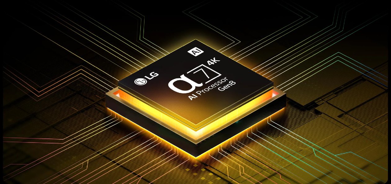 Close-up do processador alpha 7 AI de 8ª geração da LG com visualização de aprimoramento de imagem QNED 4K e análise de cena em tempo real