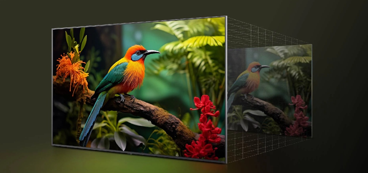 Demonstração do Super Aprimoramento 4K da LG mostrando a diferença de resolução e nitidez entre conteúdo original e conteúdo aprimorado em 4K