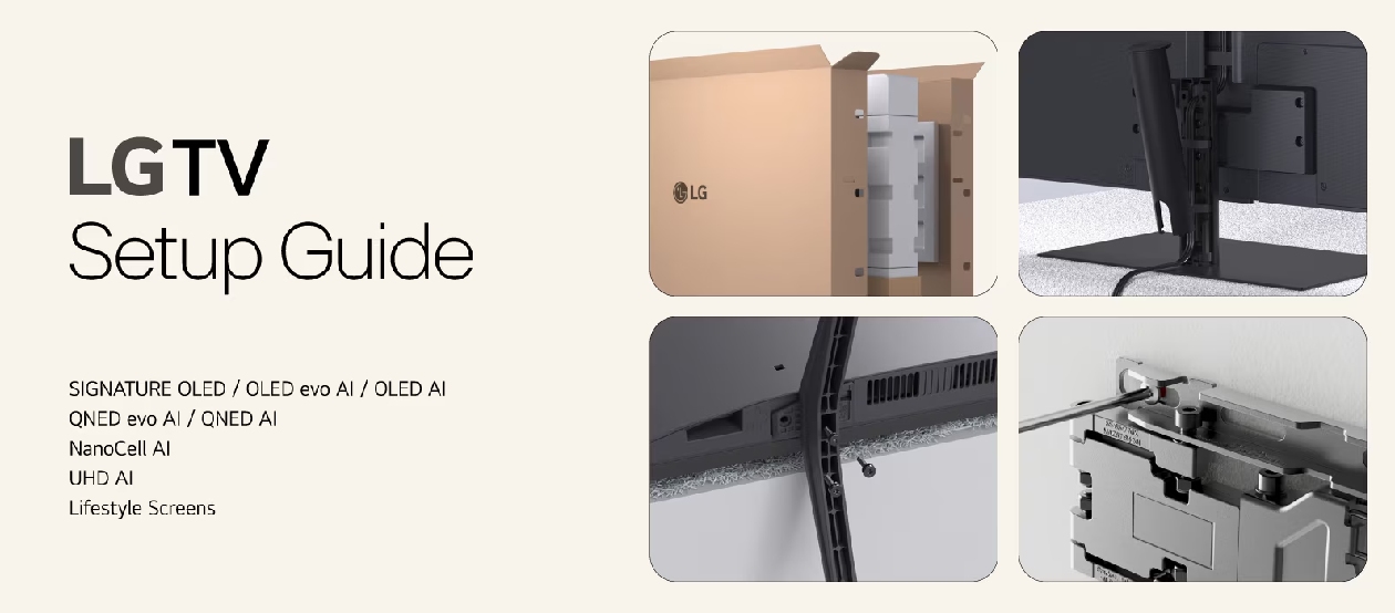 Guia de configuração da TV LG 55QNED73ASA mostrando etapas de instalação fácil e rápida com conectividade Wi-Fi e Bluetooth simplificada