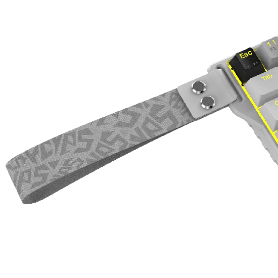 Zoom focado na alça de tecido cinza com estampa estilizada do teclado PCYes Gamma White Ghost, presa ao corpo por rebites metálicos