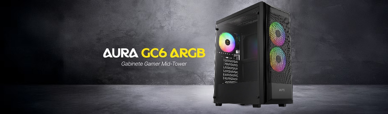 Banner do gabinete Gamdias Aura GC6 Elite em ângulo com ventoinhas ARGB acesas exibindo iluminação colorida e design Mid Tower em preto