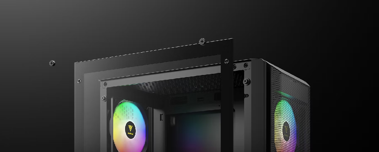 Detalhe do painel lateral em vidro temperado do Gamdias Aura GC6 Elite mostrando o sistema de fixação por parafusos recartilhados superiores para montagem segura