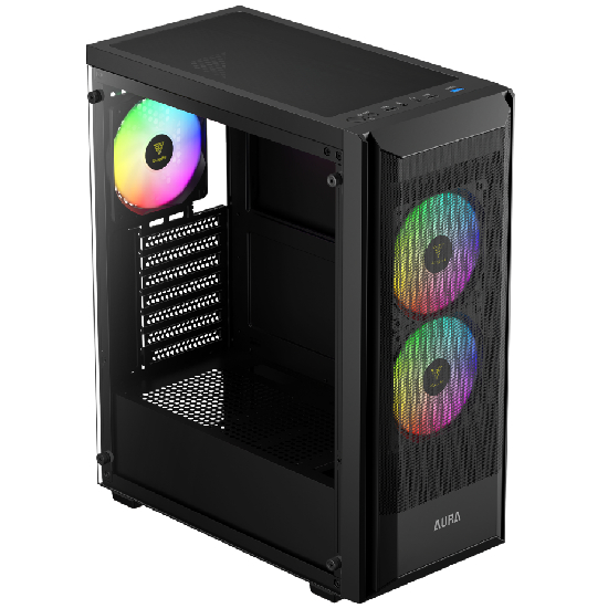 Vista em perspectiva do gabinete Gamdias Aura GC6 Elite destacando a janela de vidro temperado, frente em mesh metálico e iluminação ARGB das ventoinhas acesas