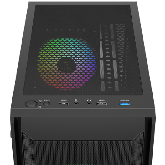 Detalhe do painel superior do gabinete Gamdias Aura GC6 Elite com botão Power, portas USB 3.0 e USB 2.0, conexões de áudio HD e filtro antipoeira