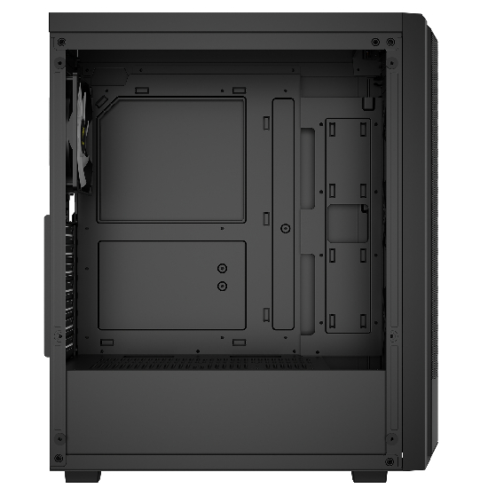 Vista interna do chassi do Gamdias Aura GC6 Elite mostrando compartimento para placa-mãe, furações para passagem de cabos, PSU shroud e ventoinha de exaustão traseira
