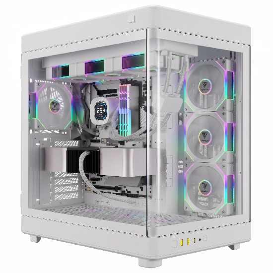 Vista em perspectiva do gabinete Gamdias Neso P1 PRO WW branco com setup completo, vidro panorâmico duplo, water cooler no topo e ventoinhas ARGB acesas