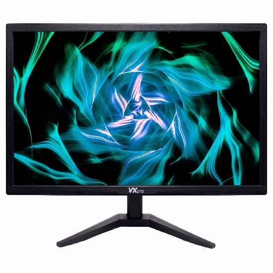 Monitor VXPro VX190X 19 polegadas ligado exibindo imagem abstrata em tons de azul e verde, com bordas pretas e base em V com logomarca VX Pro