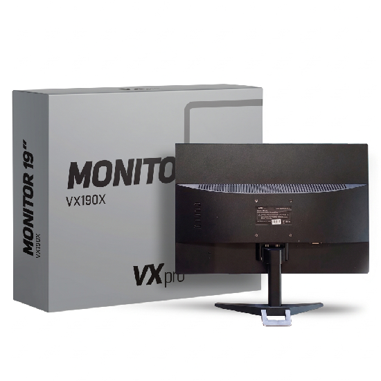 Vista posterior do monitor VXPro VX190X com furação VESA, aberturas de ventilação e caixa original do produto ao lado
