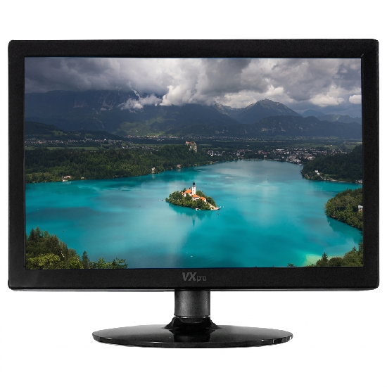 Monitor VXPro VX154X 15,4 polegadas ligado exibindo paisagem de lago e montanhas, com bordas pretas, base oval e logomarca VX Pro