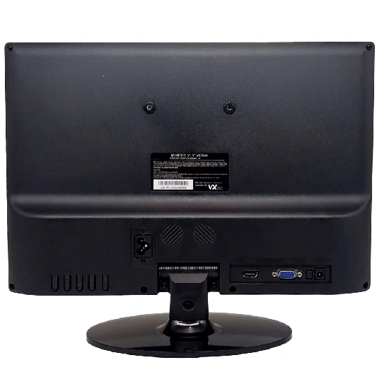 Vista posterior do monitor VXPro VX154X com conexões HDMI e VGA, furação VESA, etiqueta técnica e botões de controle OSD