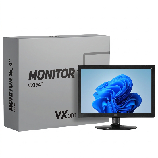 Monitor VXPro VX154X exibindo wallpaper abstrato estilo Windows 11 ao lado da caixa original de fábrica VX154C