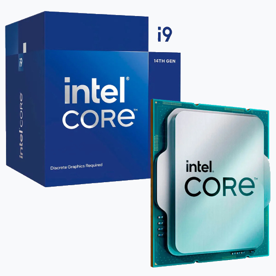 Processador Intel Core i9 14900F de 14ª geração com soquete LGA 1700 exibindo o IHS metálico e a marcação do modelo