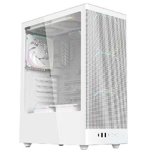 Gabinete Aerion Arch II branco vis&atilde;o geral com frontal mesh e lateral vidro temperado