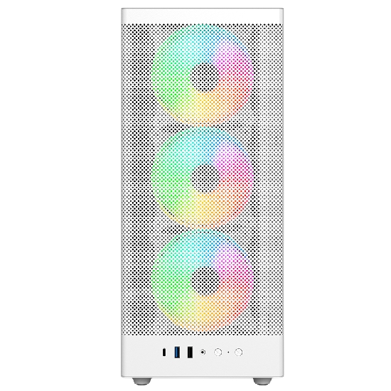 Vista frontal do gabinete Aerion Arch II com mesh iluminado e porta USB-C