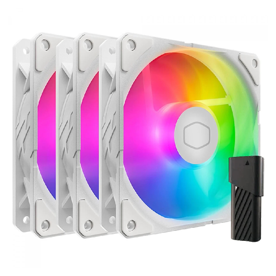 Kit Fan Cooler Master SickleFlow Edge 120 ARGB White Edition com três ventoinhas e controladora