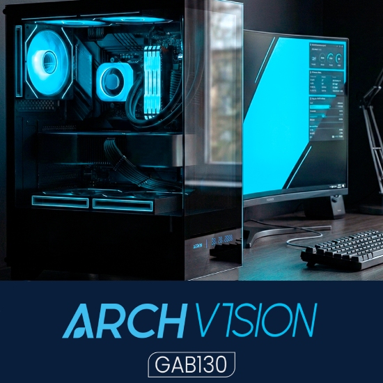 Gabinete Aerion Arch V1sion preto setup completo ilumina&ccedil;&atilde;o LED ambiente mesa