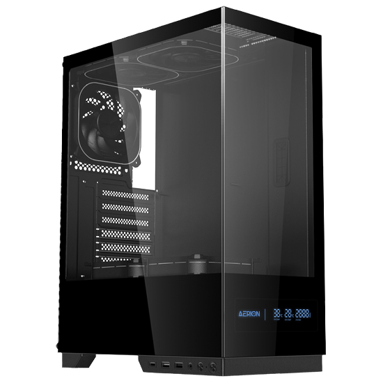 Gabinete Aerion Arch V1sion preto vis&atilde;o geral perspectiva vidro temperado visor digital