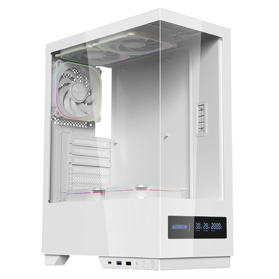 Gabinete Aerion Arch V1sion vis&atilde;o geral em perspectiva branca vidro temperado ventoinhas ARGB tela LCD