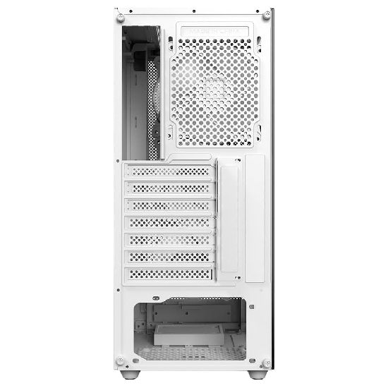 Vista traseira do gabinete com 7 slots PCI e grade de ventoinha