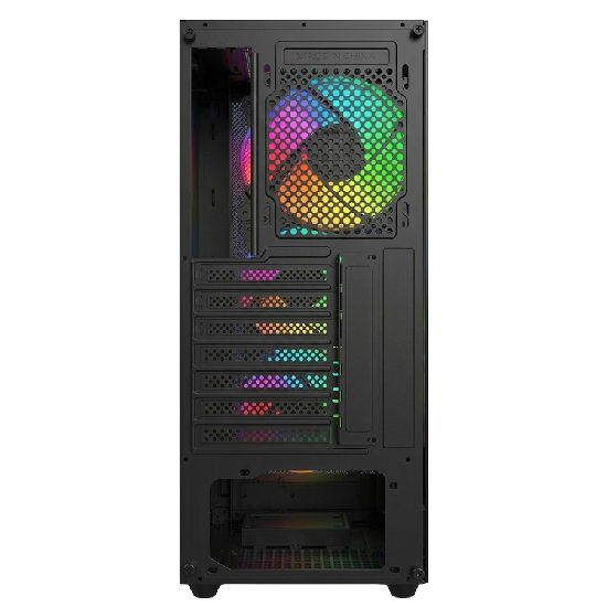 Vista traseira do gabinete com ventoinha ARGB e 7 slots PCI