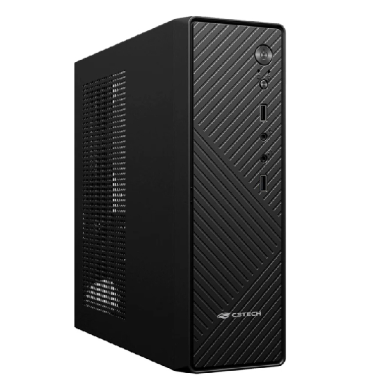 Vista frontal do Gabinete Slim C3Tech com painel de linhas diagonais e USB