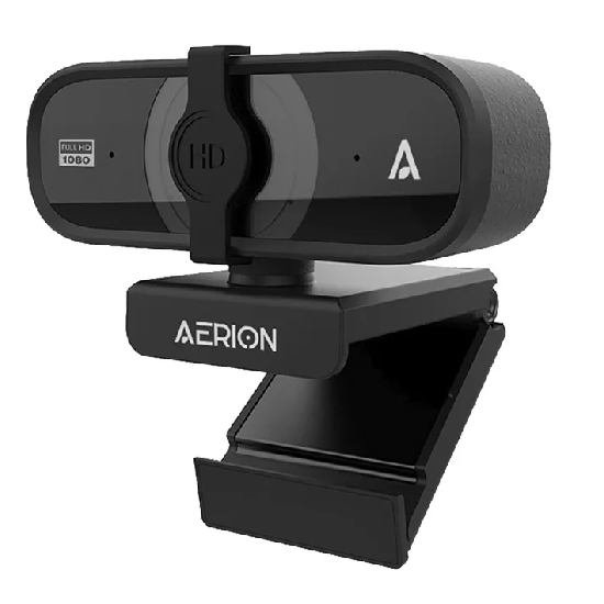 Webcam com clipe de fixação articulado aberto