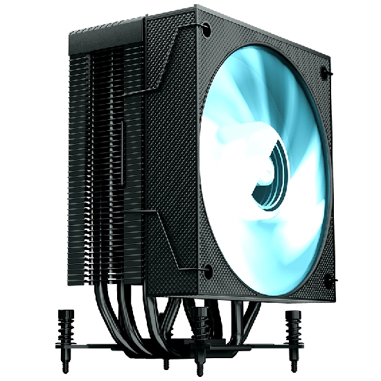 Visão em ângulo do air cooler com iluminação LED ciano e heat pipes
