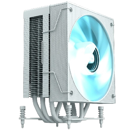 Visão em ângulo do air cooler Aerion Titan branco com iluminação LED ciano
