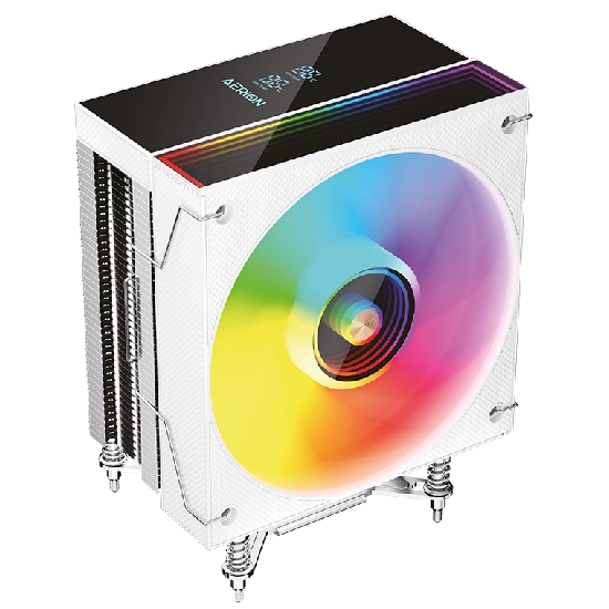 Cooler Aerion Titan branco com iluminação ARGB multicolorida e painel digital aceso