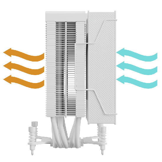 Diagrama de fluxo de ar do cooler Aerion Titan branco com setas azuis e alaranjadas