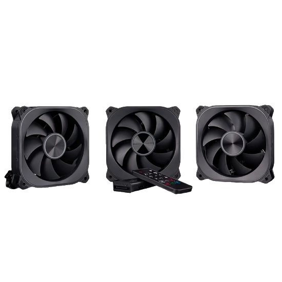 Kit Aerion FAN100 com três ventoinhas ARGB pretas, hub controlador e controle remoto