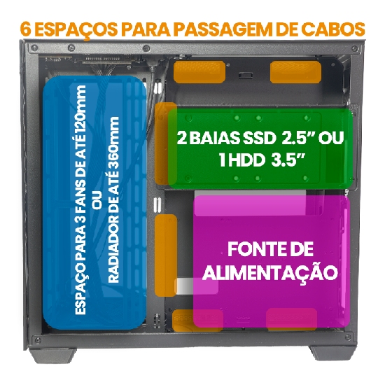 Interior espaçoso do gabinete C3Tech MT-G910WH com organizador de cabos