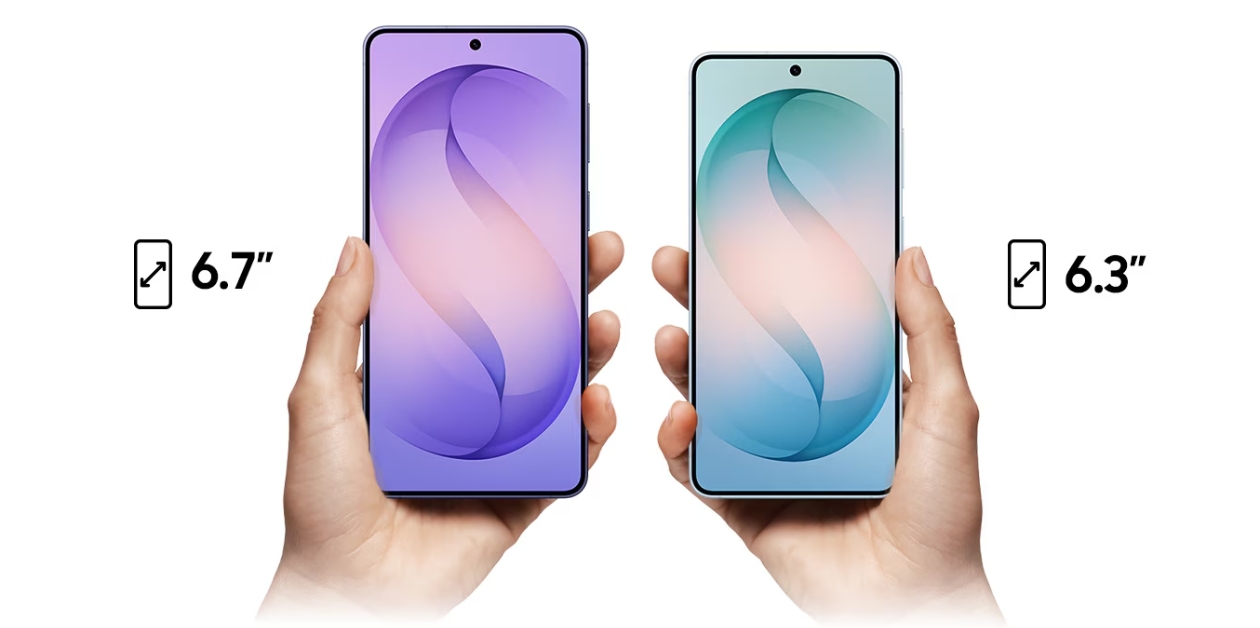 Comparativo de tamanho entre Samsung Galaxy S26 de 6,3 polegadas e Galaxy S26+ de 6,7 polegadas mostrando as duas opções lado a lado