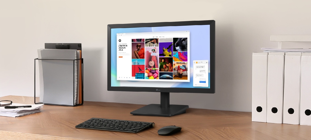 Monitor LG 20U401A-B de 20 polegadas com tela HD+ exibindo imagem de conforto visual com tecnologia Flicker Safe