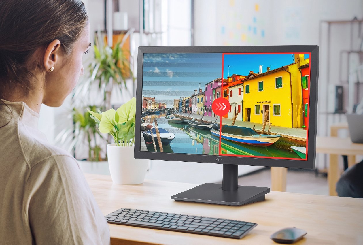 Monitor LG 20U401A-B com lista de recursos: 20 polegadas HD+, 75Hz, App LG Switch, inclinação ajustável, montagem VESA, Flicker Safe e Modo Leitor