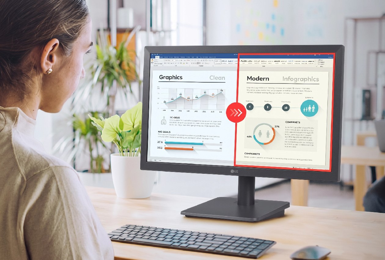 Tela do monitor LG 20U401A-B com Modo Leitor ativado, exibindo texto com temperatura de cor ajustada para leitura confortável