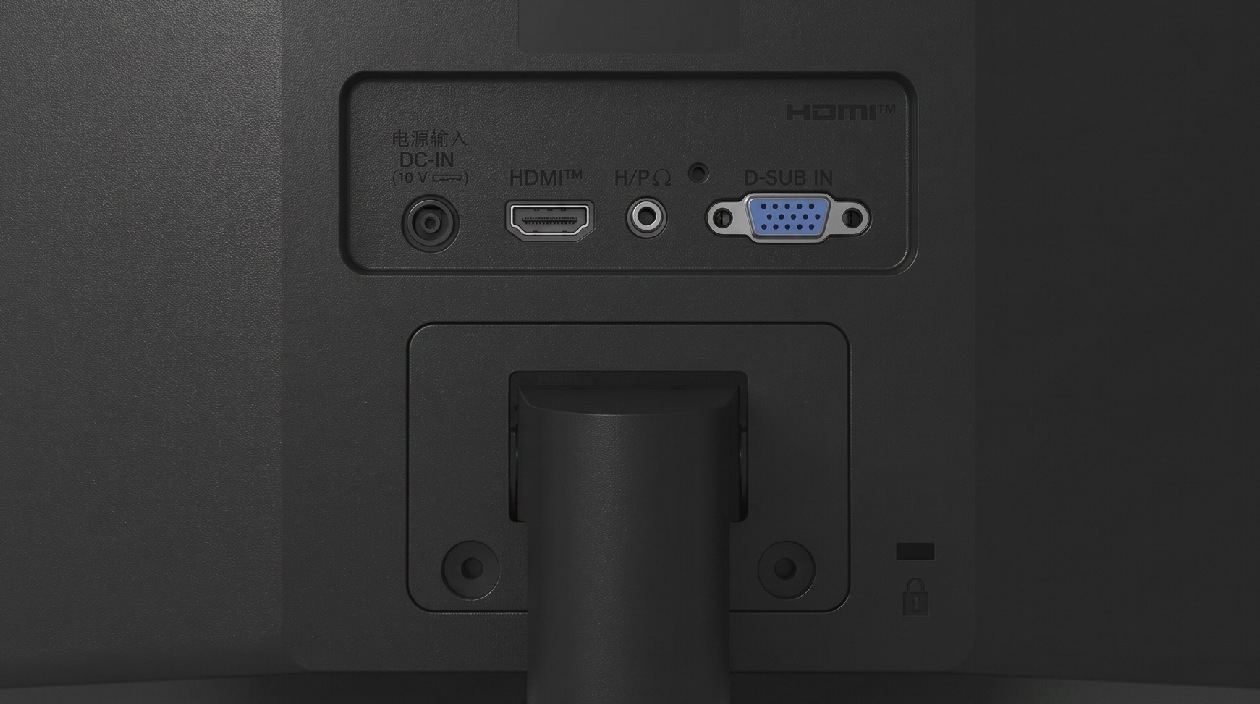 Conectividade do monitor LG 20U401A-B com portas D-Sub e HDMI, além de saída de fone de ouvido de 3 polos
