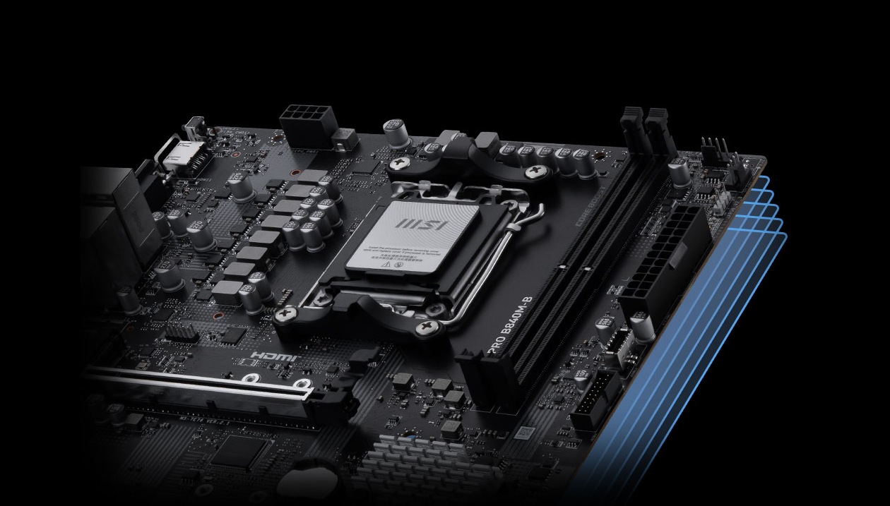 Detalhe do soquete AM5 e circuito PCB da placa-mãe MSI PRO B840M-B