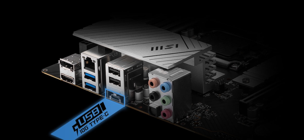 Painel traseiro I/O da placa-mãe MSI PRO B840M-B com portas HDMI 2.1, VGA, USB e conector 2.5Gb LAN