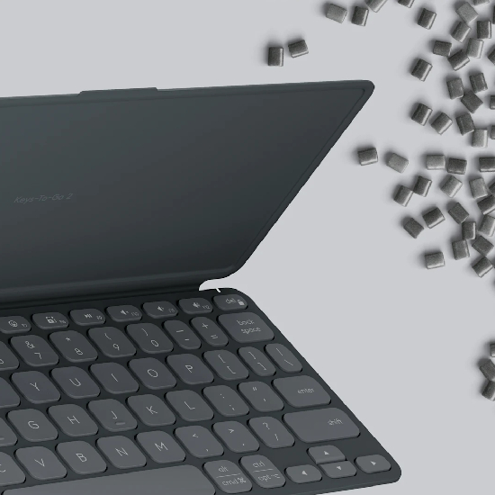 Layout de teclas e dobradiça do Keys-To-Go 2 com elementos de sustentabilidade