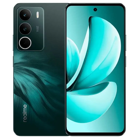 Smartphone Realme C73 4G cor Forest Owl frente e traseira textura orgânica módulo câmera