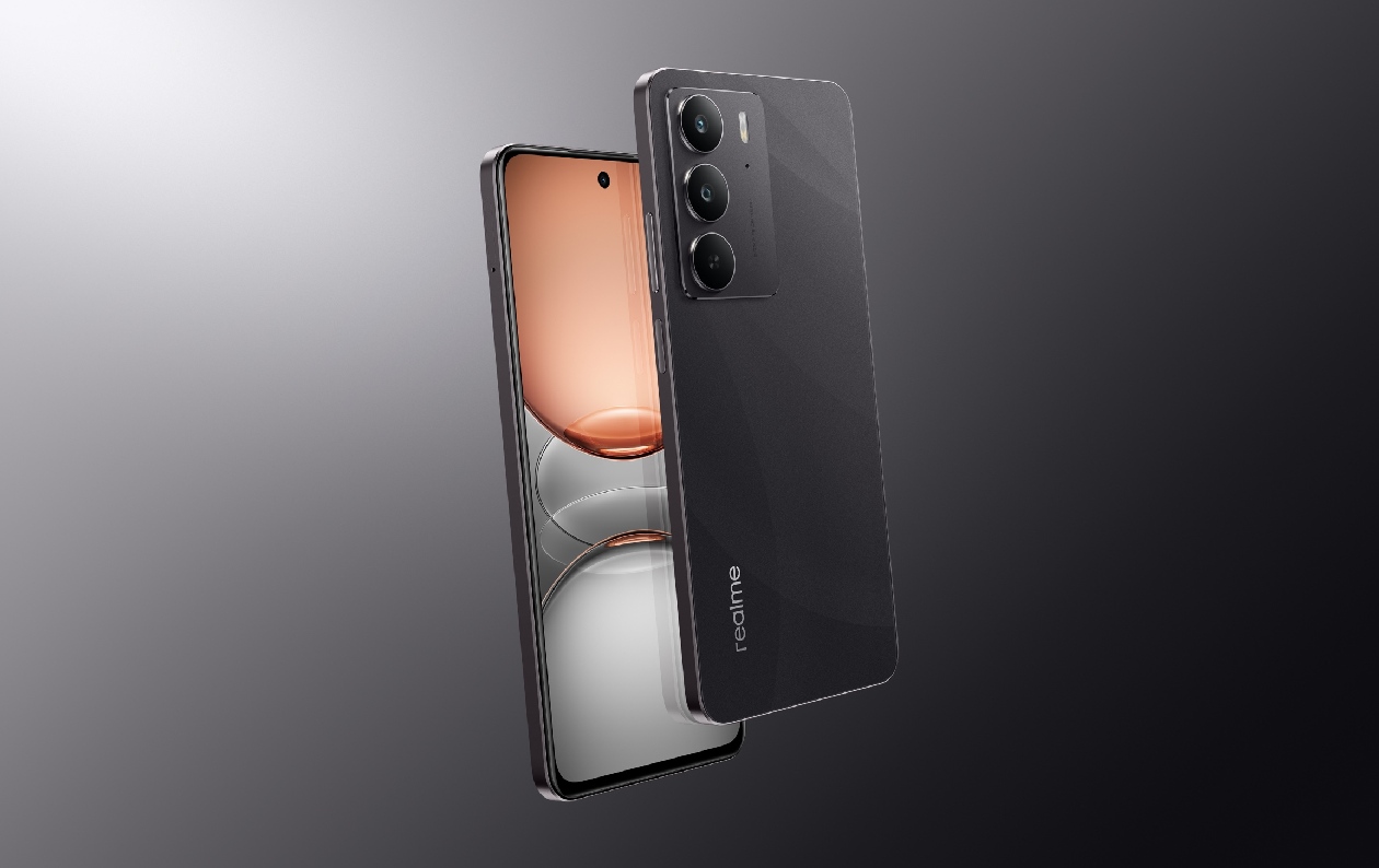 Realme C75 vista frontal e traseira cor preta câmera centralizada punch-hole