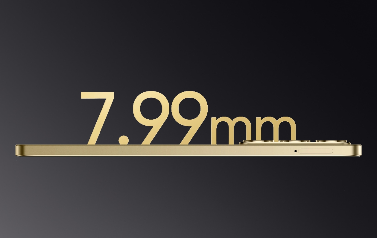Realme C75 vista lateral espessura 7,99 mm gaveta para chip e cartão acabamento reto