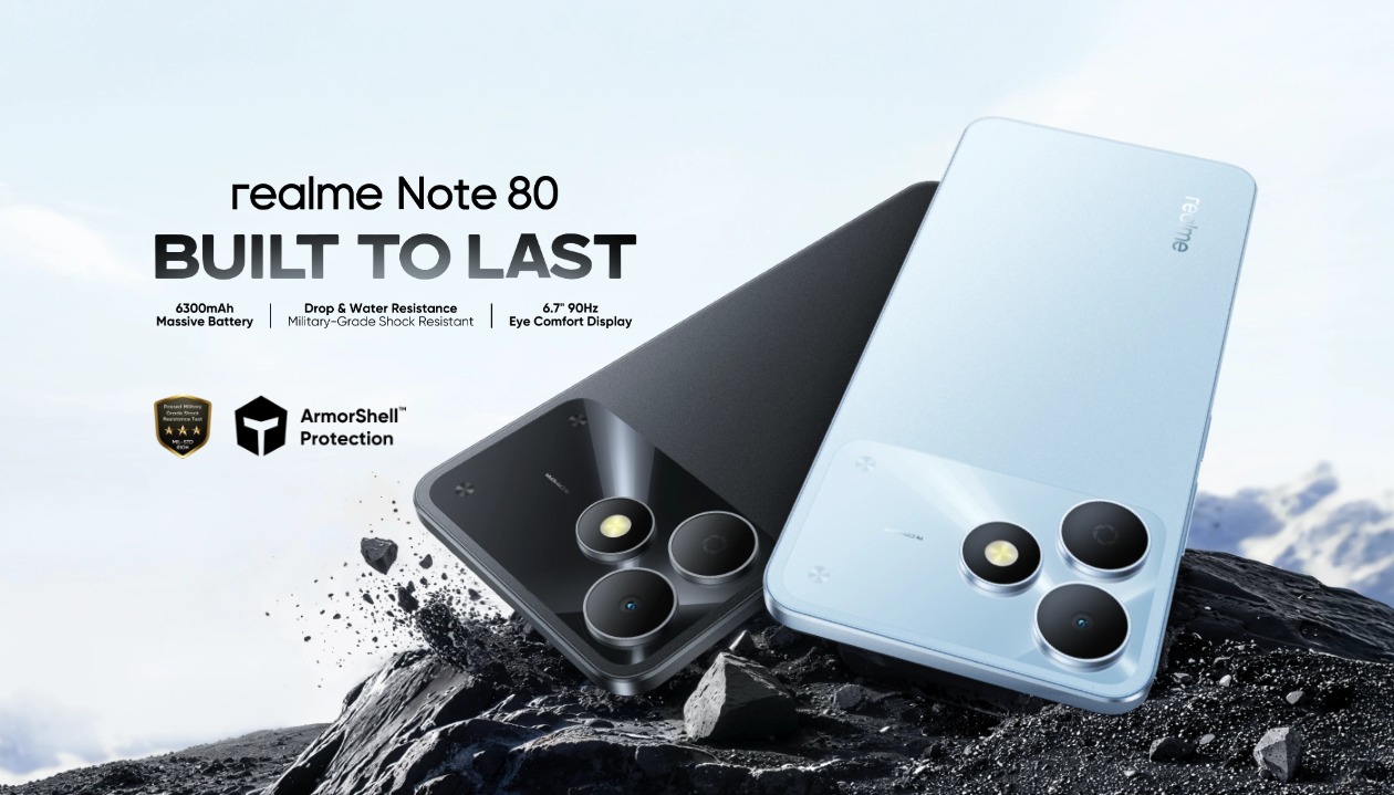 Smartphone Realme Note 80S 4G em azul com visual de resistência e durabilidade