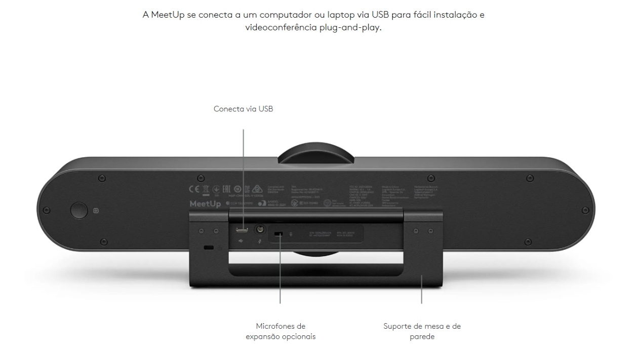 Logitech MeetUp configuração simples conexão USB plug-and-play microfone de expansão opcional suportes