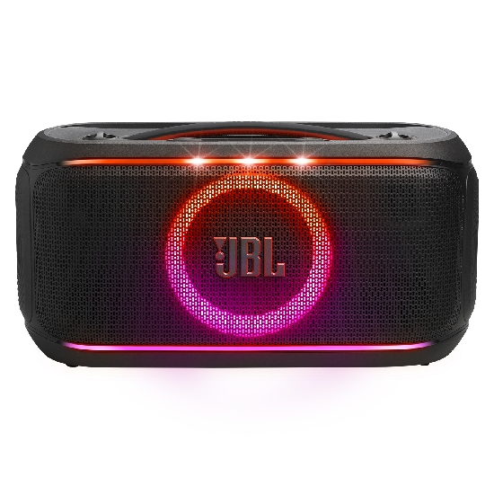 Vista frontal da JBL PartyBox On-The-Go 2 com grelha metálica e anel de LEDs RGB ativos