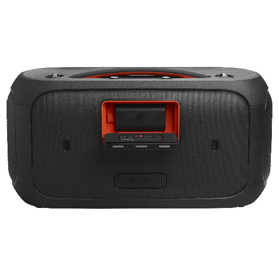 Vista traseira da JBL PartyBox com bateria removível e slot de encaixe